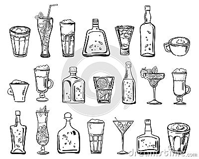 Vector outline hand drawn sketch illustration with different cocktails, coffee drinks and alcohol bottles Vector Illustration